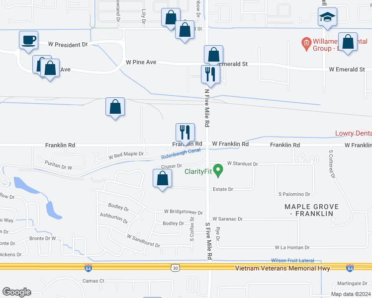 map of restaurants, bars, coffee shops, grocery stores, and more near 10801 West Franklin Road in Boise