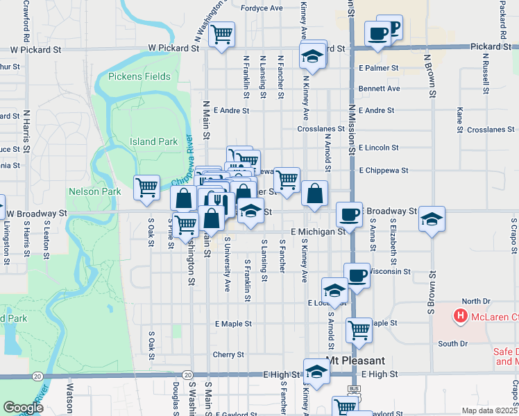 map of restaurants, bars, coffee shops, grocery stores, and more near 319 East Broadway Street in Mount Pleasant
