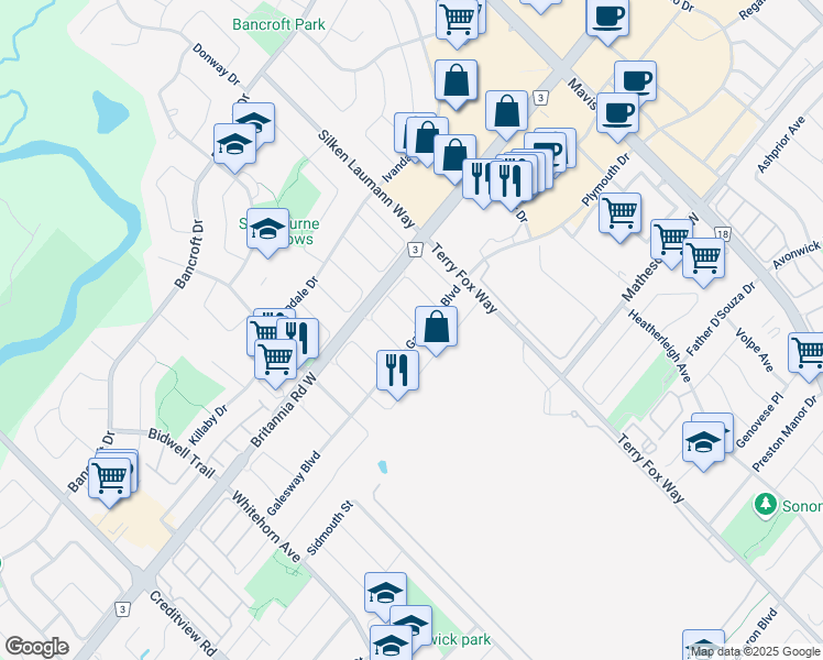 map of restaurants, bars, coffee shops, grocery stores, and more near 5929 Ridgecrest Trail in Mississauga