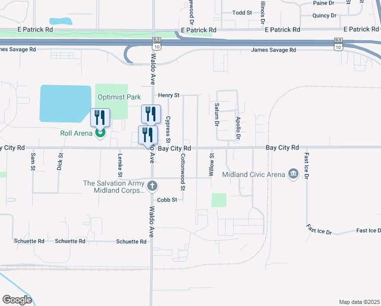 map of restaurants, bars, coffee shops, grocery stores, and more near 3505 Bay City Road in Midland