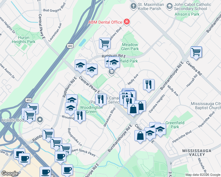 map of restaurants, bars, coffee shops, grocery stores, and more near 333 Meadows Boulevard in Mississauga