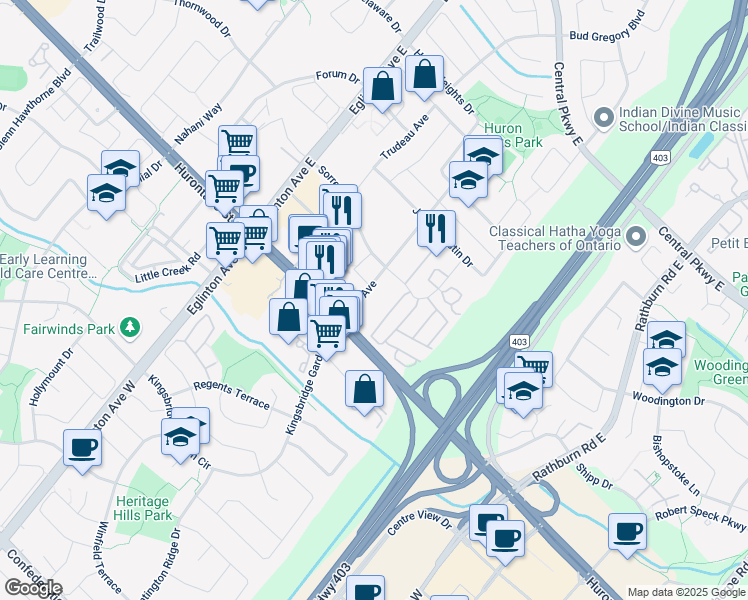 map of restaurants, bars, coffee shops, grocery stores, and more near 4615 Hurontario Street in Mississauga