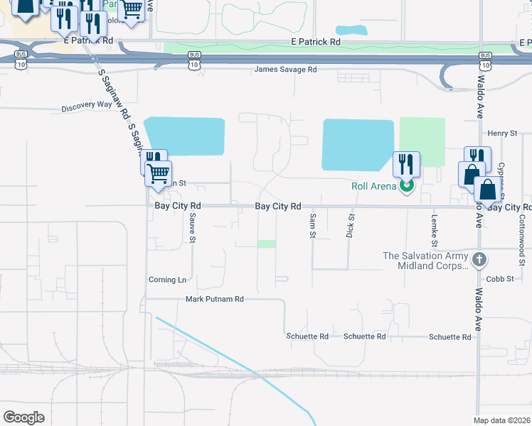 map of restaurants, bars, coffee shops, grocery stores, and more near 2128 Bay City Road in Midland