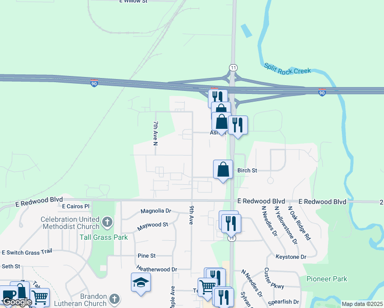 map of restaurants, bars, coffee shops, grocery stores, and more near 1004 Birch Street in Brandon