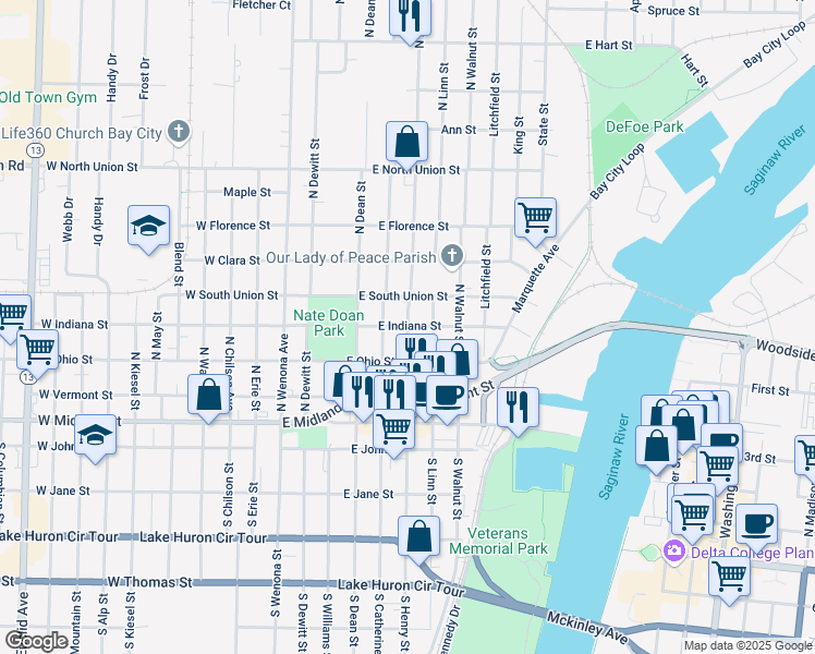 map of restaurants, bars, coffee shops, grocery stores, and more near East Indiana Street in Bay City