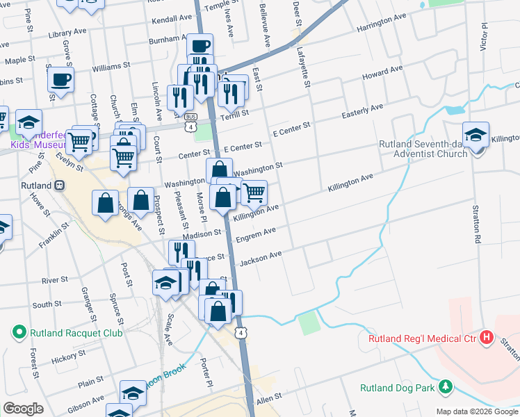 map of restaurants, bars, coffee shops, grocery stores, and more near 31 Killington Avenue in Rutland