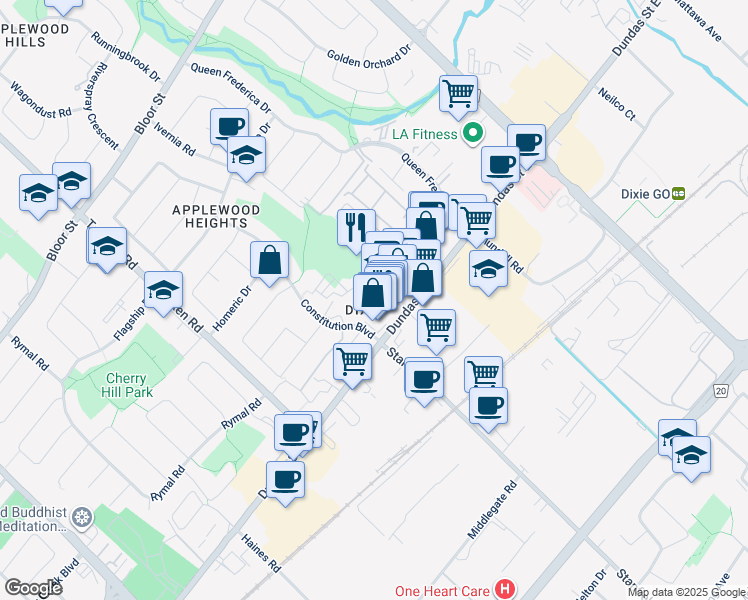 map of restaurants, bars, coffee shops, grocery stores, and more near 3034 Palstan Road in Mississauga