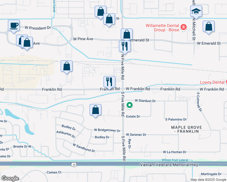 map of restaurants, bars, coffee shops, grocery stores, and more near 10801 West Franklin Road in Boise