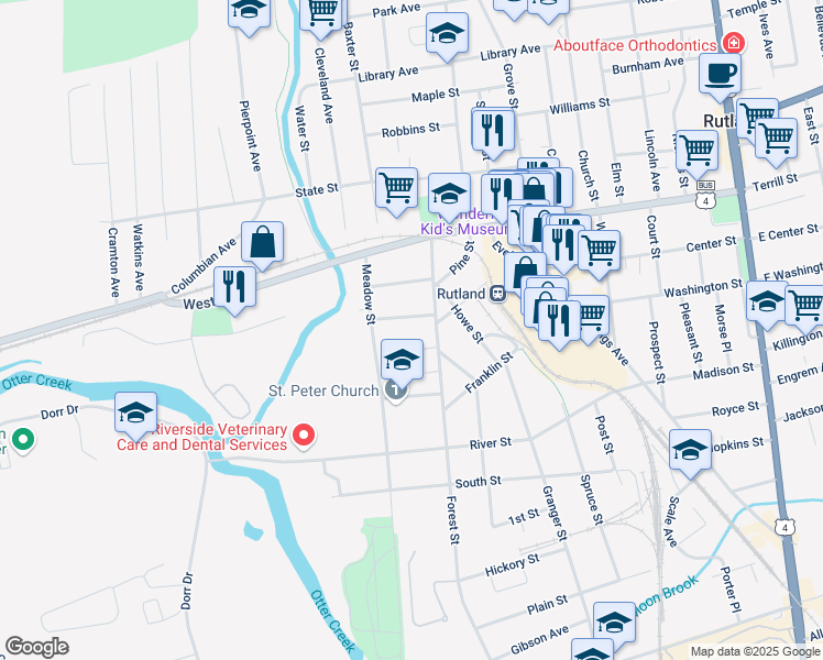 map of restaurants, bars, coffee shops, grocery stores, and more near 64 School Street in Rutland