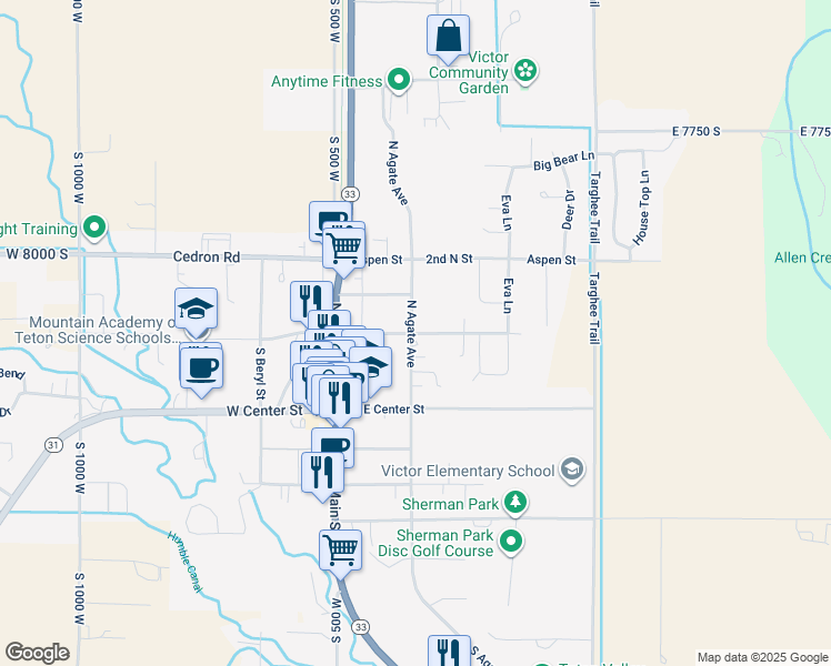 map of restaurants, bars, coffee shops, grocery stores, and more near 1st North Street in Victor