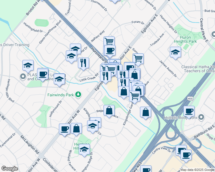 map of restaurants, bars, coffee shops, grocery stores, and more near 50 Eglinton Avenue West in Mississauga