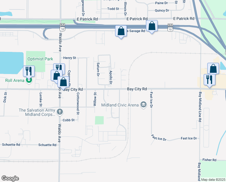 map of restaurants, bars, coffee shops, grocery stores, and more near 3820 Bay City Road in Midland