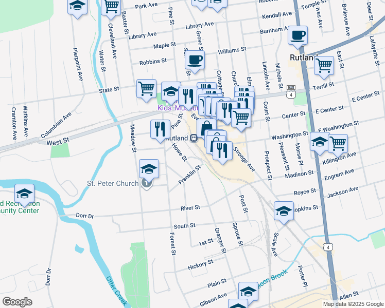 map of restaurants, bars, coffee shops, grocery stores, and more near 56 Howe Street in Rutland