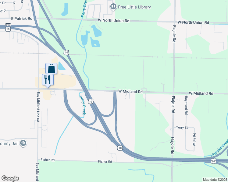 map of restaurants, bars, coffee shops, grocery stores, and more near 2778 West Midland Road in Midland