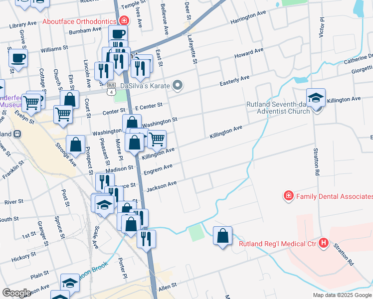 map of restaurants, bars, coffee shops, grocery stores, and more near 46 Killington Avenue in Rutland