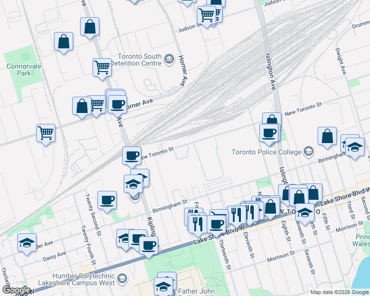 map of restaurants, bars, coffee shops, grocery stores, and more near 3580 Lake Shore Boulevard West in Toronto