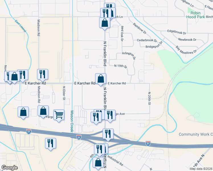 map of restaurants, bars, coffee shops, grocery stores, and more near 2222 North Franklin Boulevard in Nampa
