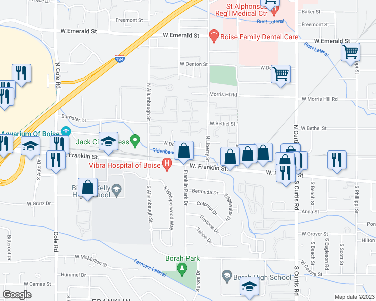 map of restaurants, bars, coffee shops, grocery stores, and more near 6527 Douglas Street in Boise