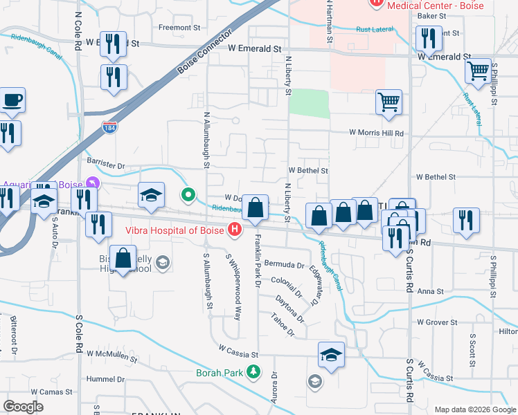 map of restaurants, bars, coffee shops, grocery stores, and more near 6557 Douglas Street in Boise