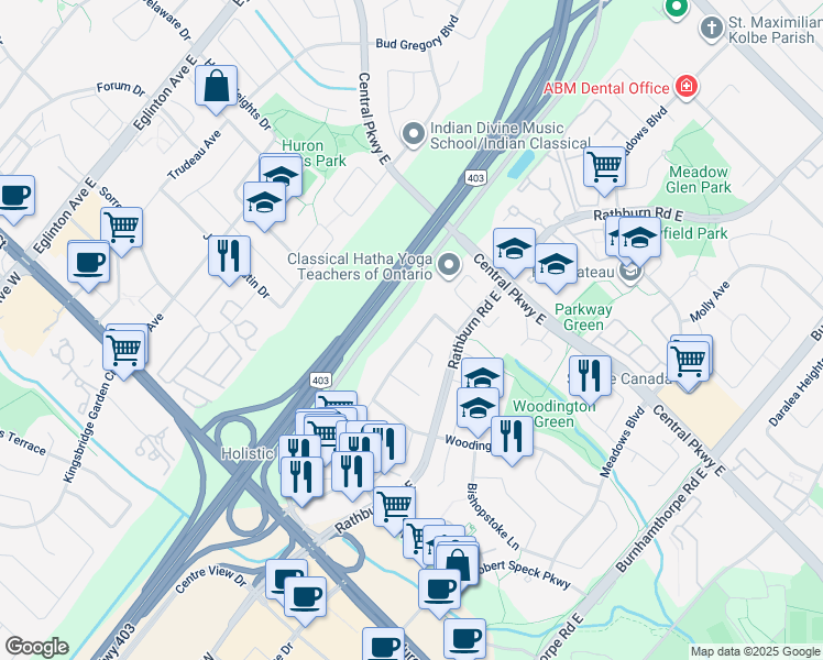 map of restaurants, bars, coffee shops, grocery stores, and more near 231 Chalfield Lane in Mississauga