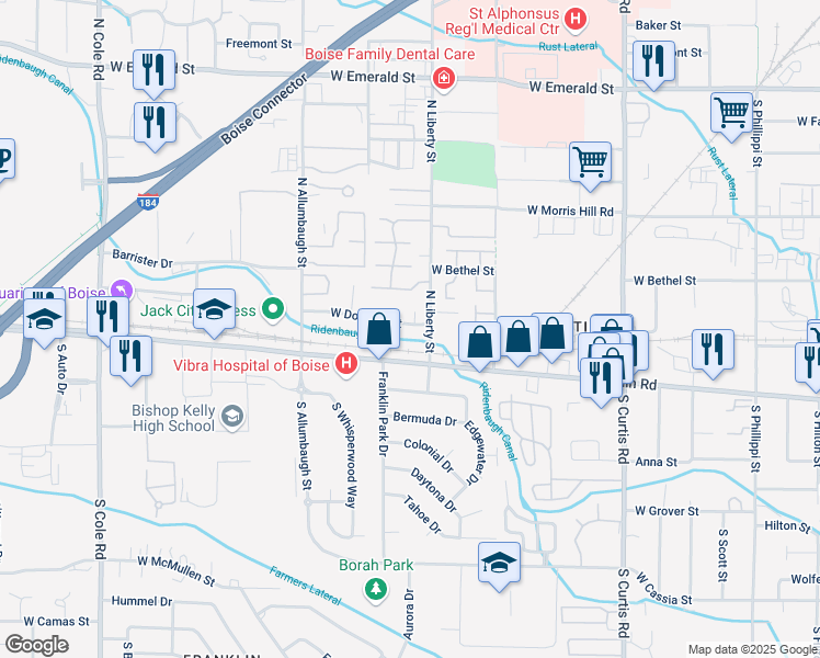 map of restaurants, bars, coffee shops, grocery stores, and more near 6461 Douglas Street in Boise