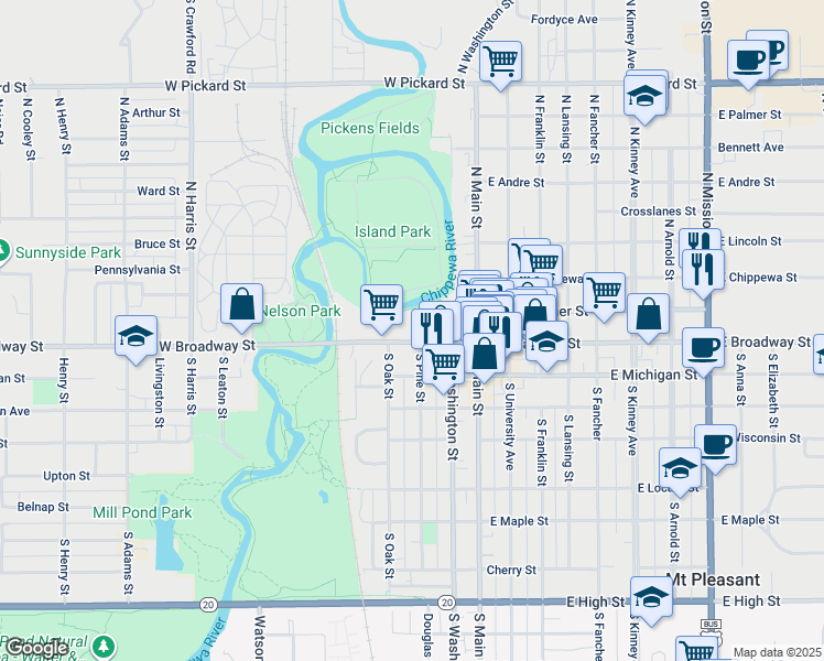 map of restaurants, bars, coffee shops, grocery stores, and more near 320 West Broadway Street in Mount Pleasant