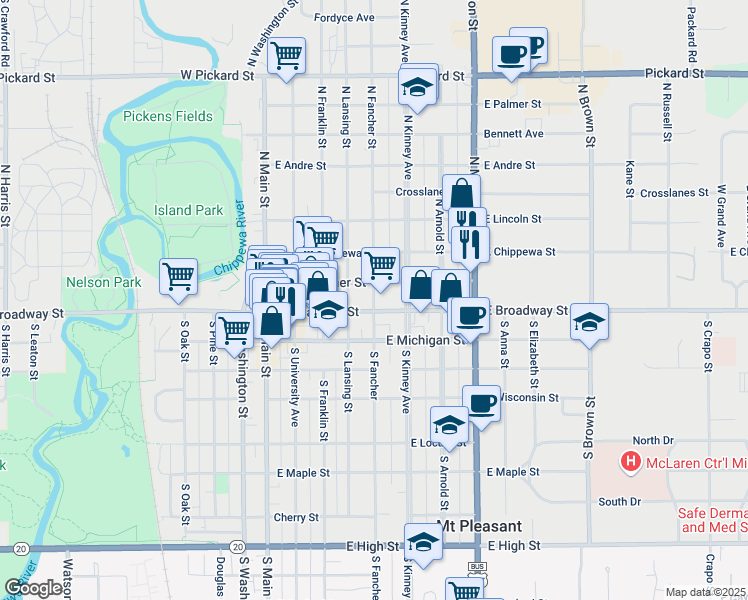 map of restaurants, bars, coffee shops, grocery stores, and more near 113 North Fancher Street in Mount Pleasant