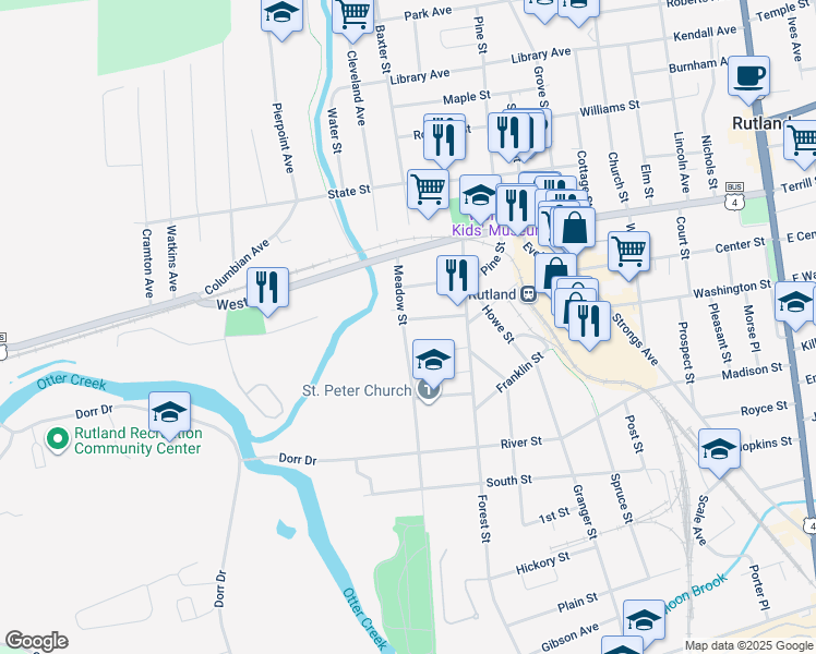 map of restaurants, bars, coffee shops, grocery stores, and more near 102 School Street in Rutland
