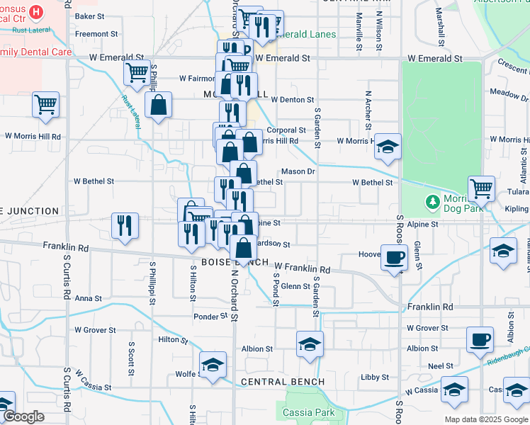 map of restaurants, bars, coffee shops, grocery stores, and more near 4864 Douglas Street in Boise