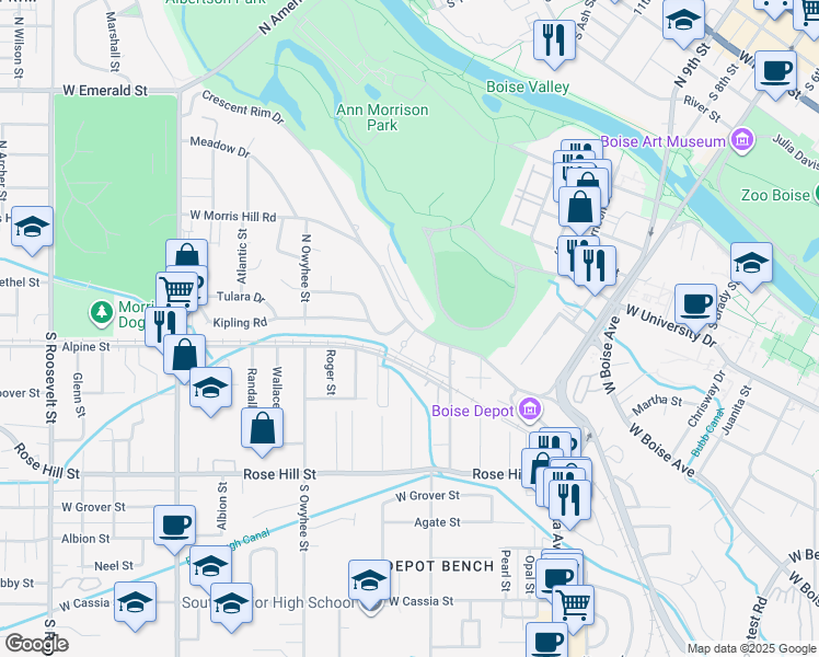 map of restaurants, bars, coffee shops, grocery stores, and more near 3103 Crescent Rim Drive in Boise