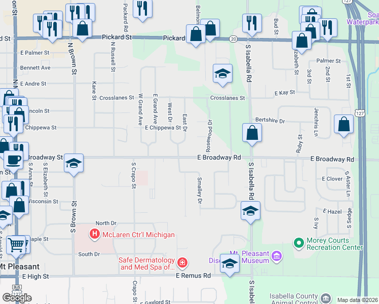 map of restaurants, bars, coffee shops, grocery stores, and more near 4357 East Broadway Street in Mount Pleasant