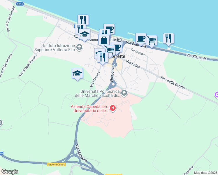 map of restaurants, bars, coffee shops, grocery stores, and more near 49 Via Conca in Torrette