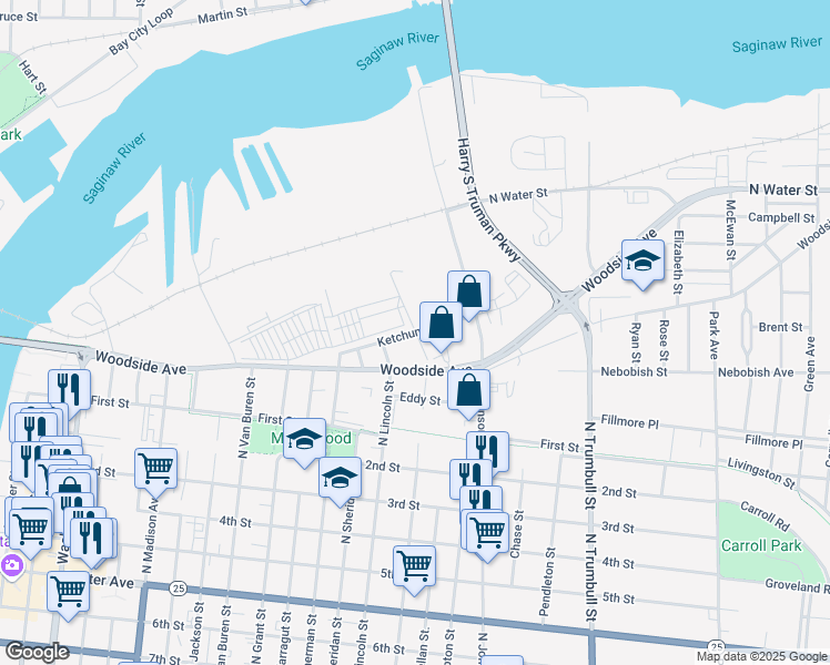 map of restaurants, bars, coffee shops, grocery stores, and more near 401 Ketchum Street in Bay City