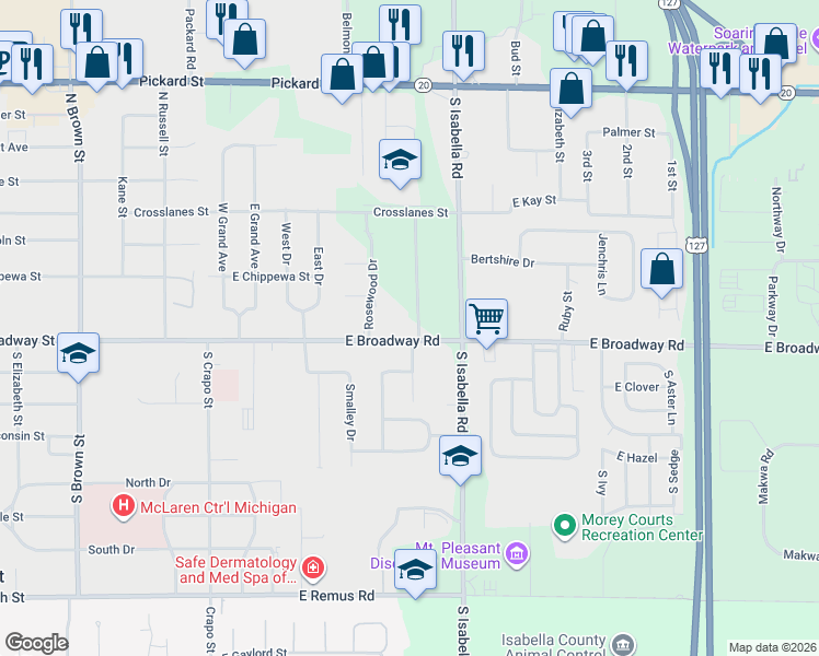 map of restaurants, bars, coffee shops, grocery stores, and more near 4357-4659 East Broadway Road in Mount Pleasant