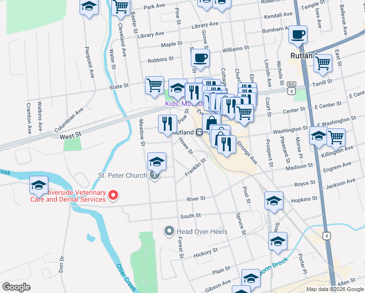map of restaurants, bars, coffee shops, grocery stores, and more near 56 Howe Street in Rutland