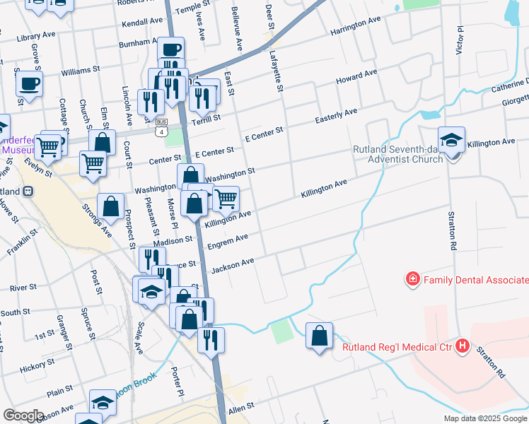 map of restaurants, bars, coffee shops, grocery stores, and more near 46 Killington Avenue in Rutland