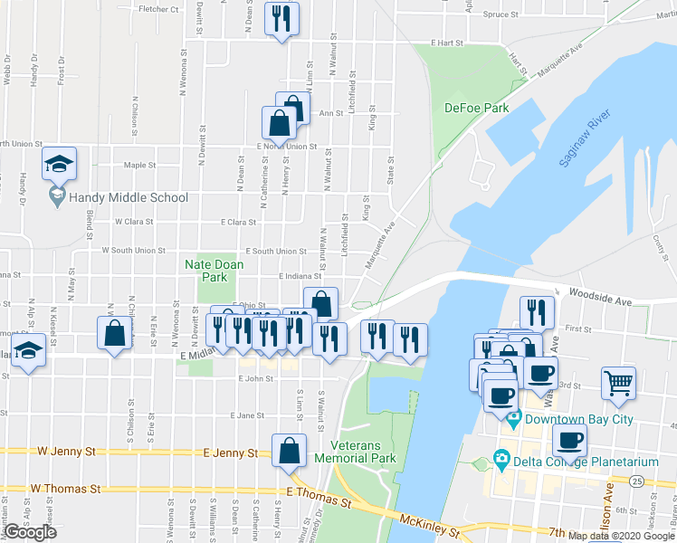 map of restaurants, bars, coffee shops, grocery stores, and more near 401 Litchfield Street in Bay City