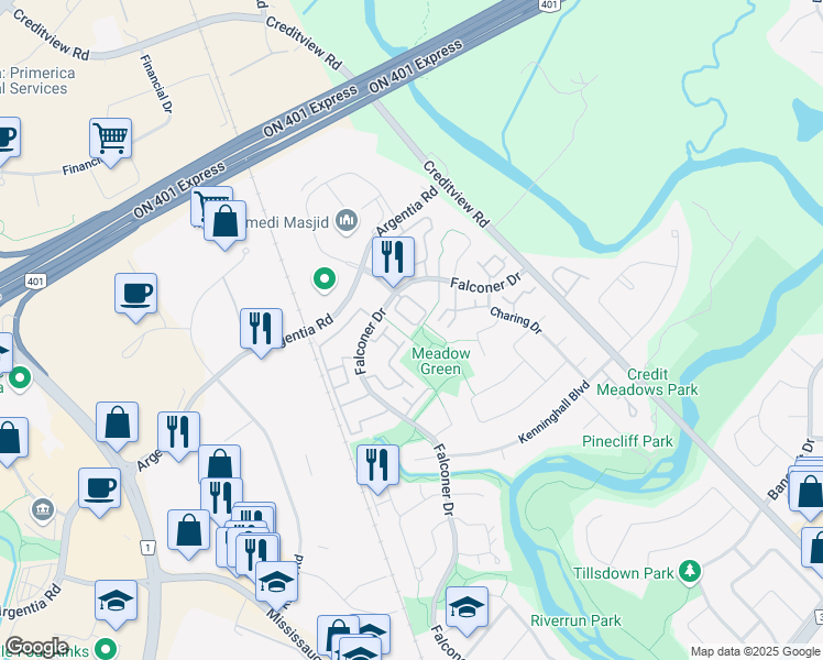 map of restaurants, bars, coffee shops, grocery stores, and more near 6625 Falconer Drive in Mississauga