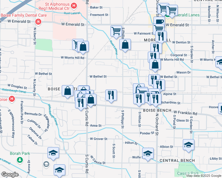 map of restaurants, bars, coffee shops, grocery stores, and more near 15 North Phillippi Street in Boise