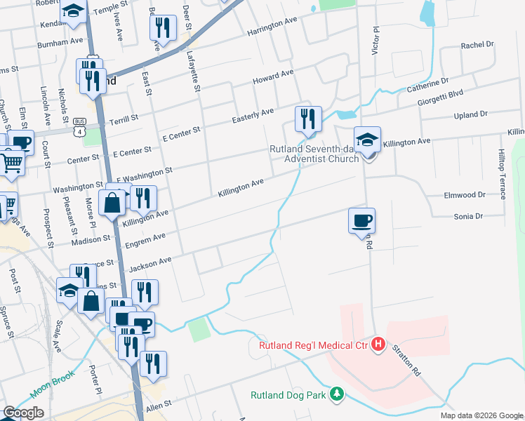 map of restaurants, bars, coffee shops, grocery stores, and more near 77 Engrem Avenue in Rutland