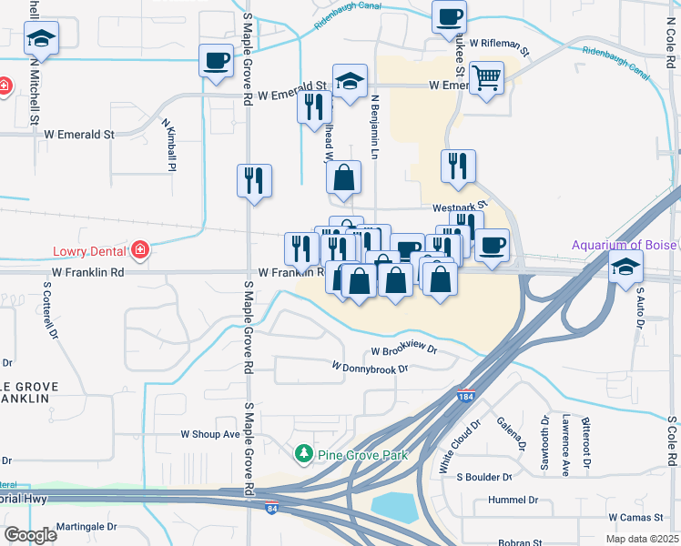 map of restaurants, bars, coffee shops, grocery stores, and more near 8649 West Franklin Road in Boise