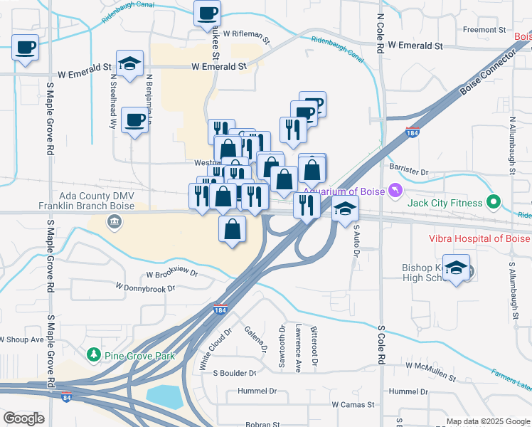 map of restaurants, bars, coffee shops, grocery stores, and more near 10815 West Franklin Road in Boise