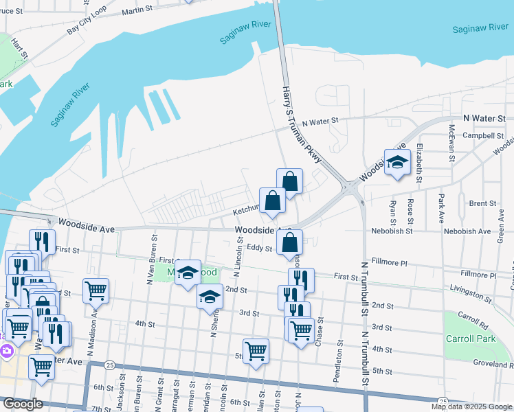 map of restaurants, bars, coffee shops, grocery stores, and more near 401 Ketchum Street in Bay City
