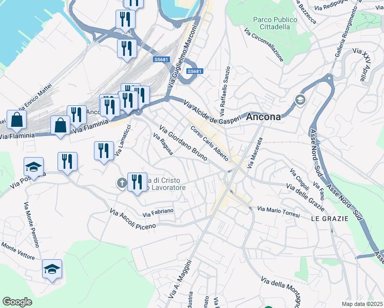 map of restaurants, bars, coffee shops, grocery stores, and more near 67 Via Giordano Bruno in Ancona