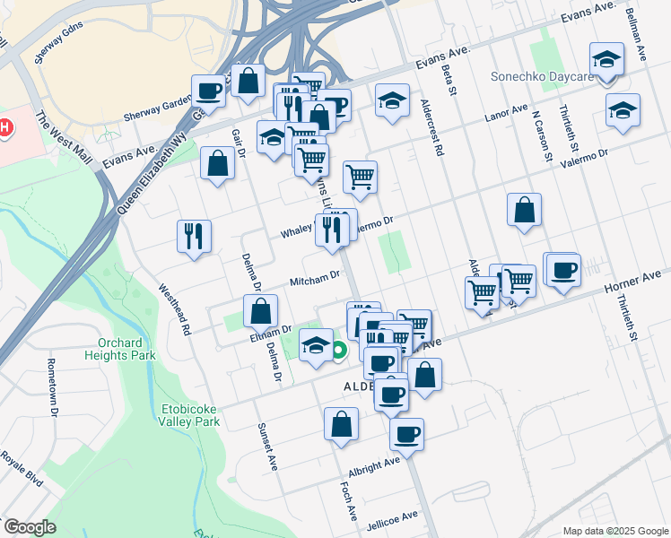 map of restaurants, bars, coffee shops, grocery stores, and more near in Toronto
