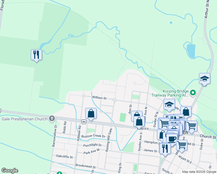 map of restaurants, bars, coffee shops, grocery stores, and more near 65 Miranda Path in Woolwich