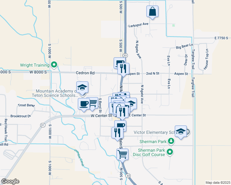 map of restaurants, bars, coffee shops, grocery stores, and more near 30 1st N St in Victor