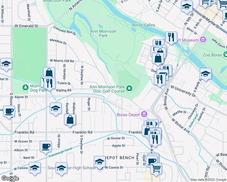 map of restaurants, bars, coffee shops, grocery stores, and more near 3100 Crescent Rim Drive in Boise