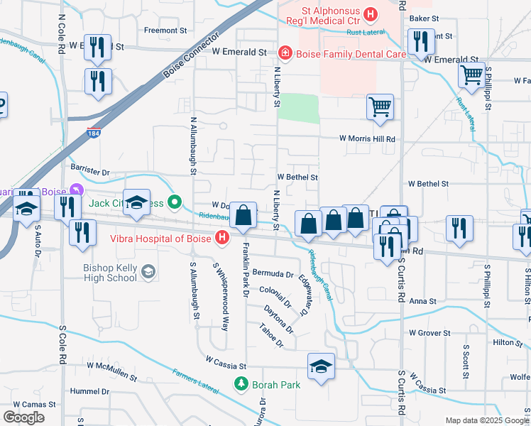 map of restaurants, bars, coffee shops, grocery stores, and more near 6461 Douglas Street in Boise