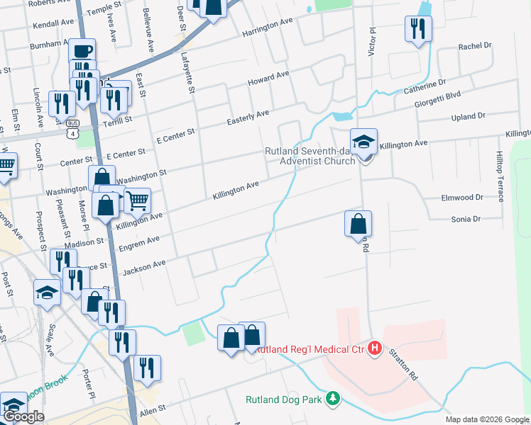 map of restaurants, bars, coffee shops, grocery stores, and more near 80 Engrem Avenue in Rutland